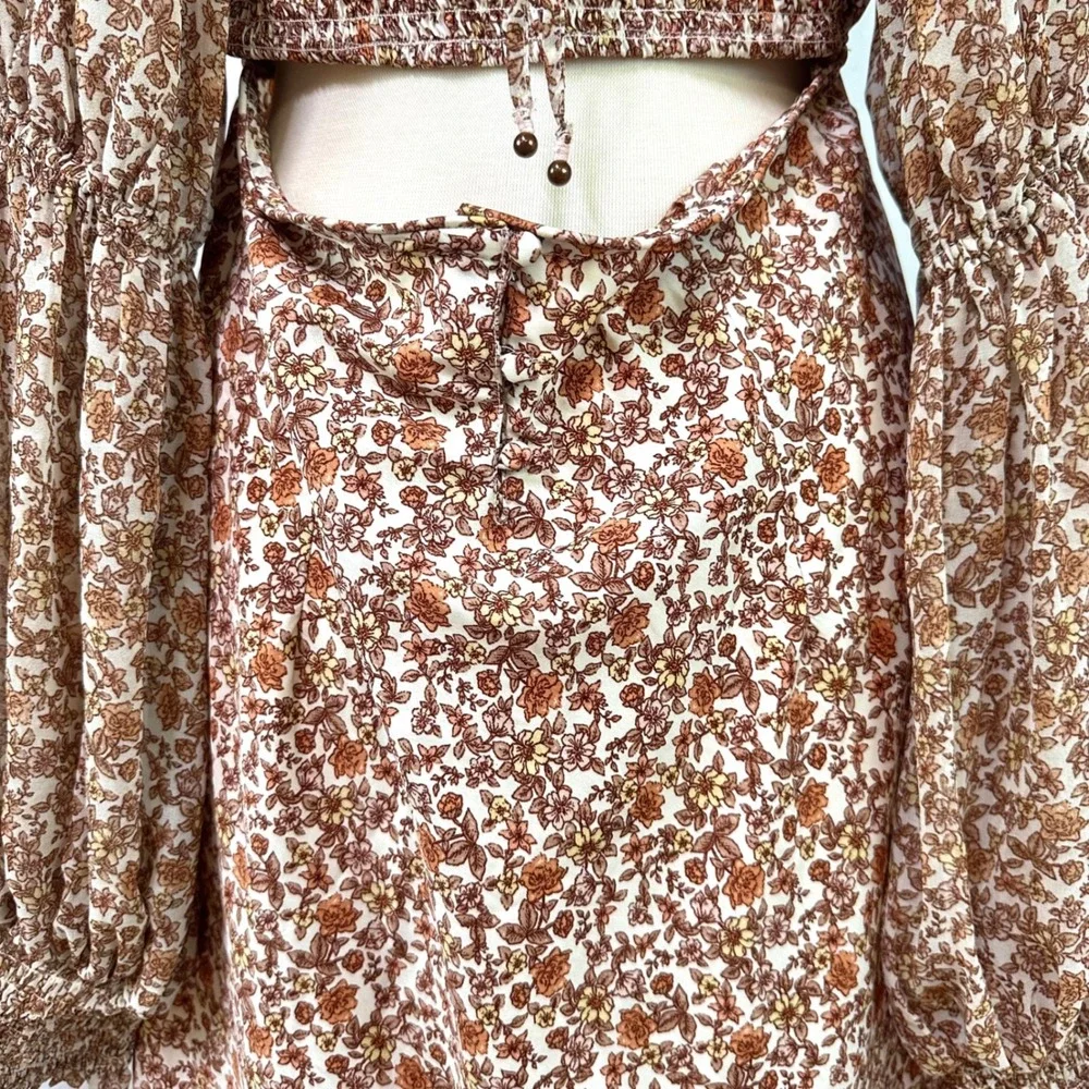 FREE PEOPLE Aglow Smocked Maxi Dress XL Orange Floral Tea Combo Cottage Prairie